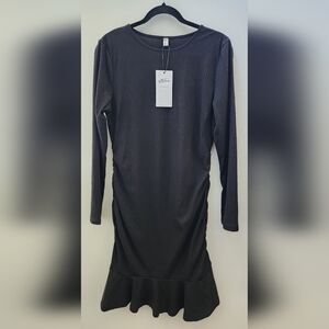 Byinns NWT Women's Knit Ribbed Mini Dress Ruched Long‎ Sleeve Black XXL